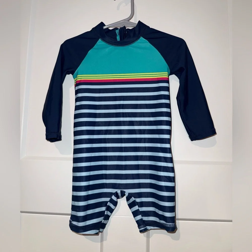 Carter's Navy, Teal & Yellow Striped Long-Sleeve Swim One-Piece